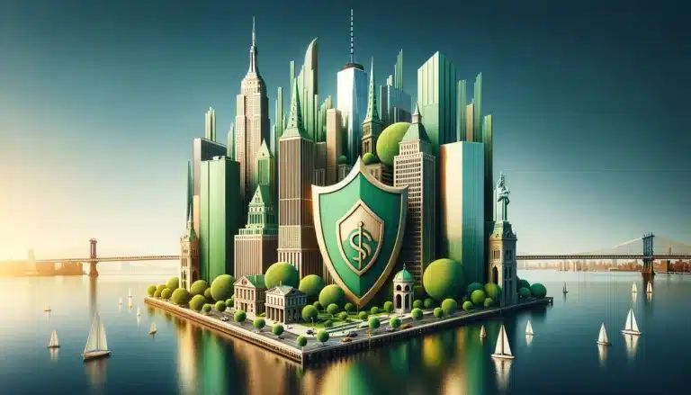 Flytande stadsbild med skyskrapor, en grön sk&ouml;ld med dollartecken, broar och segelb&aring;tar.